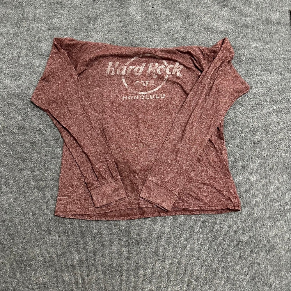 Hard Rock Cafe Shirt Womens Size L Maroon Honolulu Graphic Long Sleeve Boat Neck